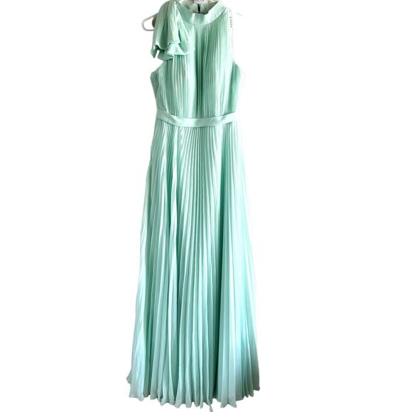 Azazie Bridesmaid Dress Maxi Pleated Sleeveless Mock Neck Bow Mint A4 - Picture 1 of 5